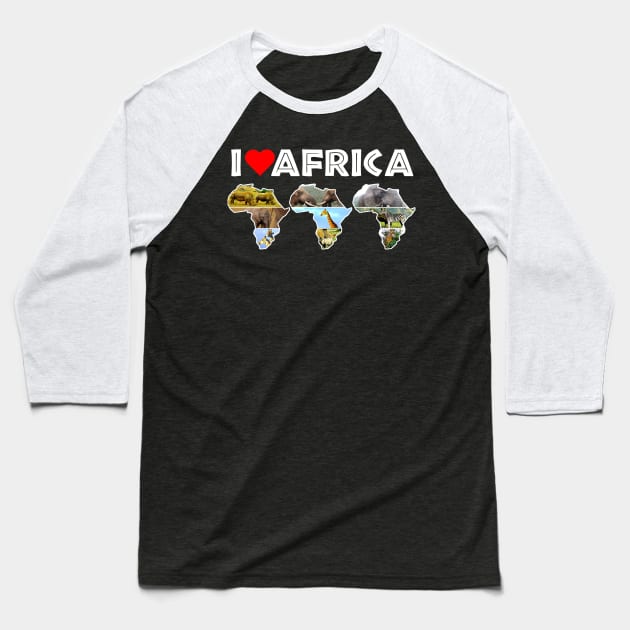 I Love Africa Wildlife Collage Map Trio Baseball T-Shirt by PathblazerStudios